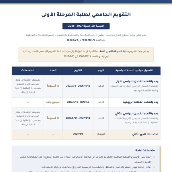 التقويم الجامعي لطلبة المرحلة الأولى 2026 2027