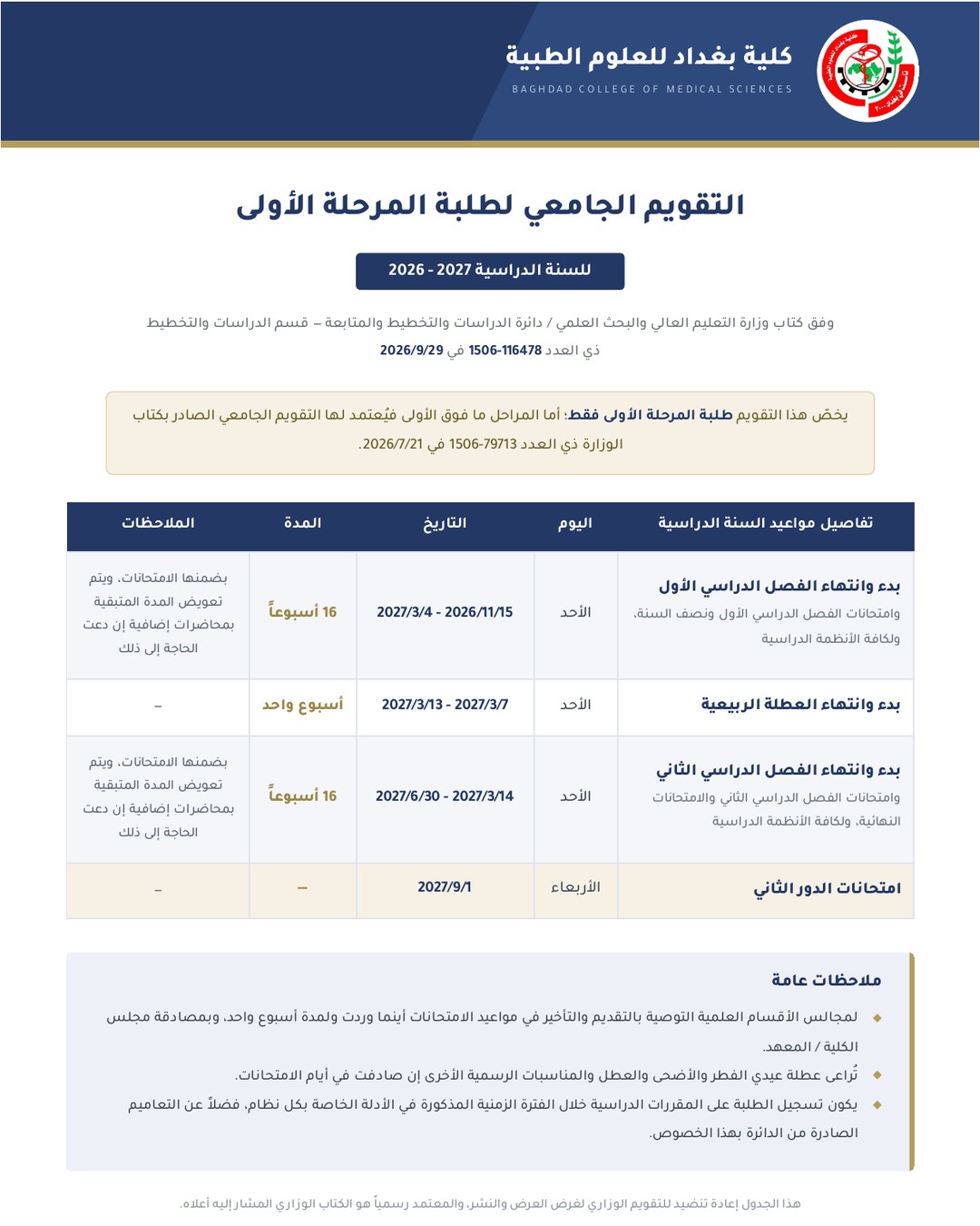 التقويم الجامعي لطلبة المرحلة الأولى 2026 2027